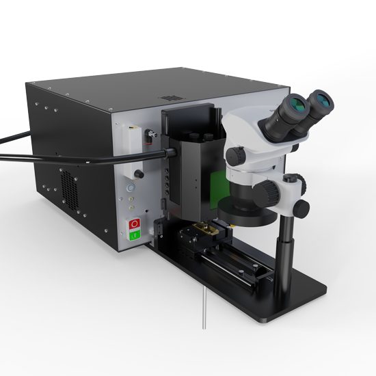 TPE-WM100 welding machine, front-left angle showing controls and microscope